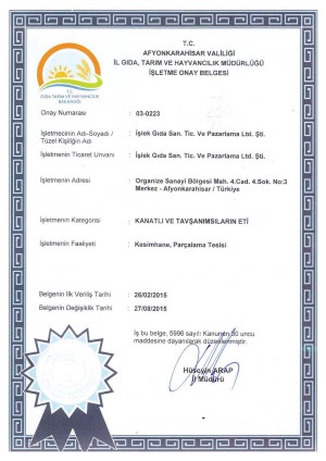 Kesimhane İşletme Onay Belgesi