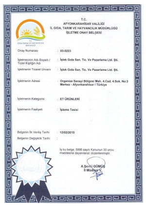 İşleme Tesisi Onay Belgesi